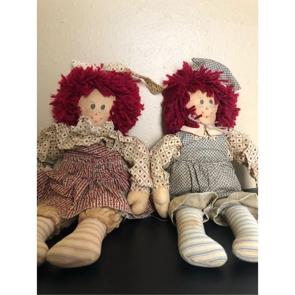 Vintage Darla’s Dolls Rag Doll Pair Handmade Red Yarn Hair 19in